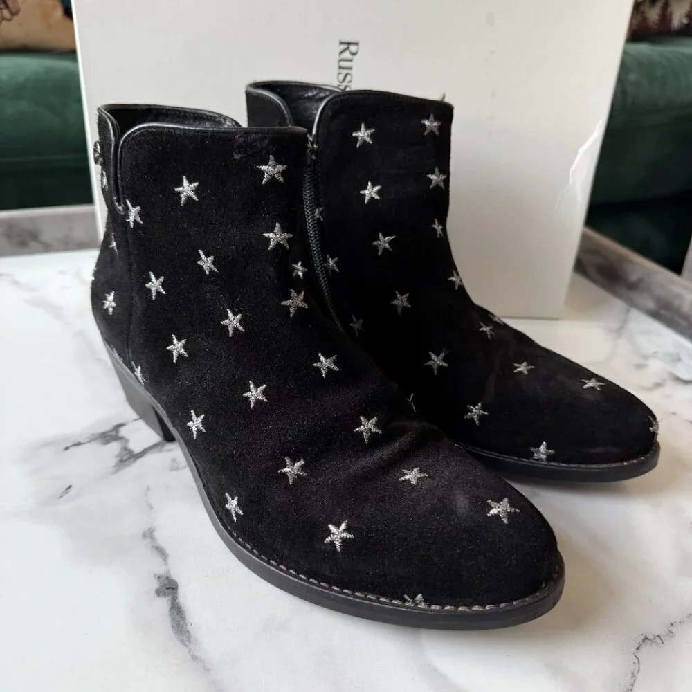 Russell & Bromley Star Embroidered Black Suede Western Ankle Boots